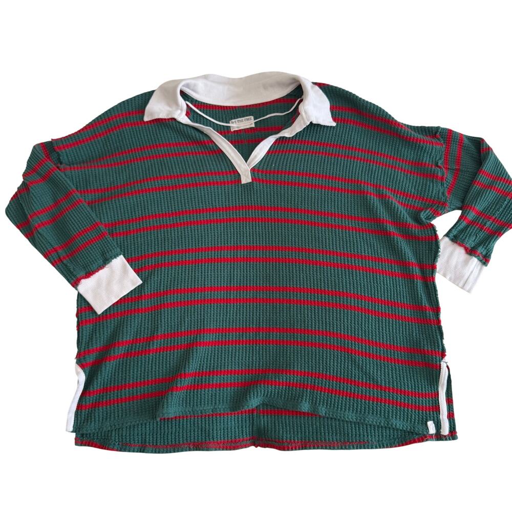 Free People Green Red Stripe Thermal Rugby Polo Pullover Sz M Preppy